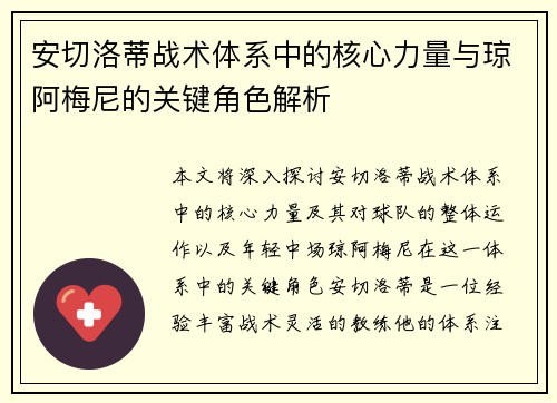 安切洛蒂战术体系中的核心力量与琼阿梅尼的关键角色解析 安切洛蒂战术体系中的核心力量与琼阿梅尼的关键角色解析