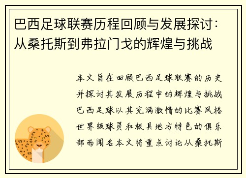 巴西足球联赛历程回顾与发展探讨：从桑托斯到弗拉门戈的辉煌与挑战